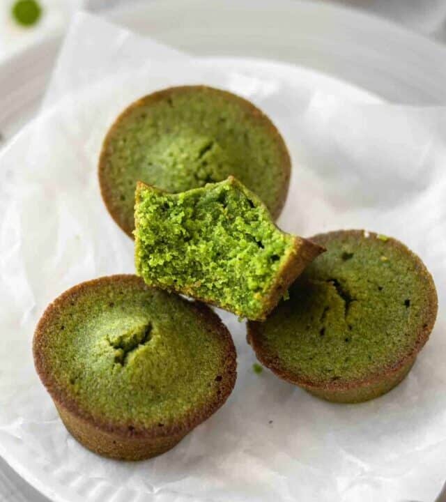 Green tea cake with a bite taken out