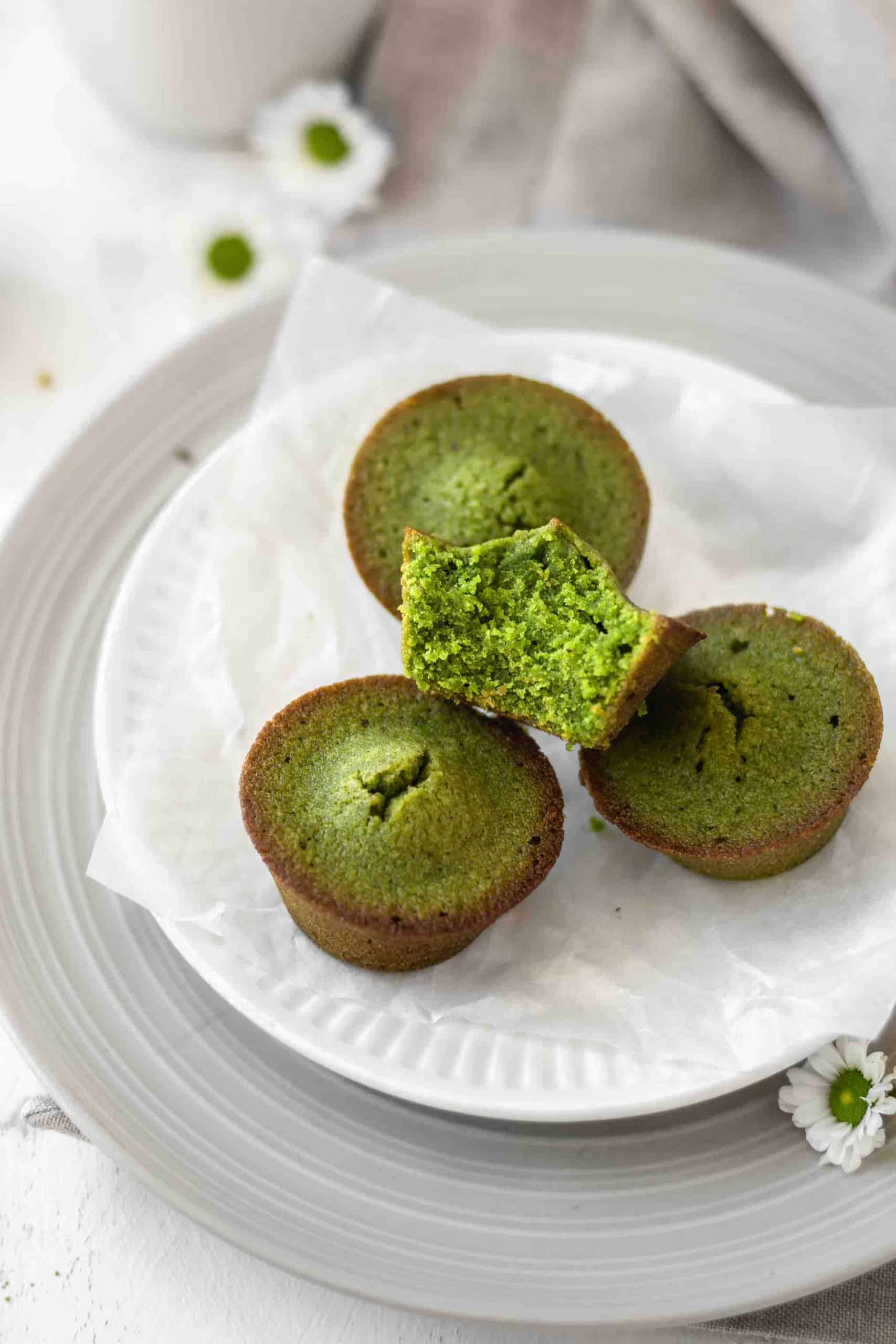 Green tea cake with a bite taken out