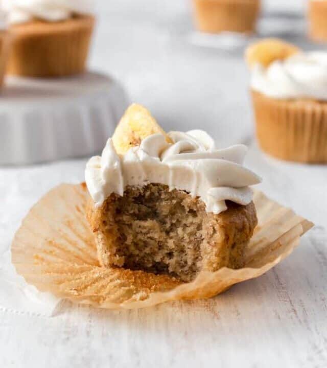 A bitten banana cupcake