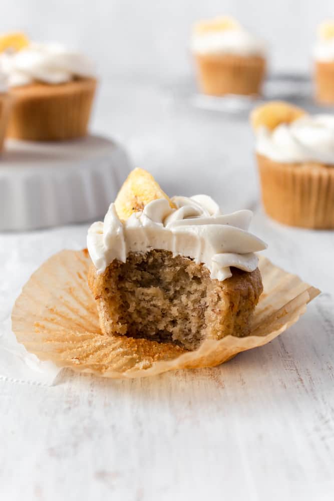 A bitten banana cupcake