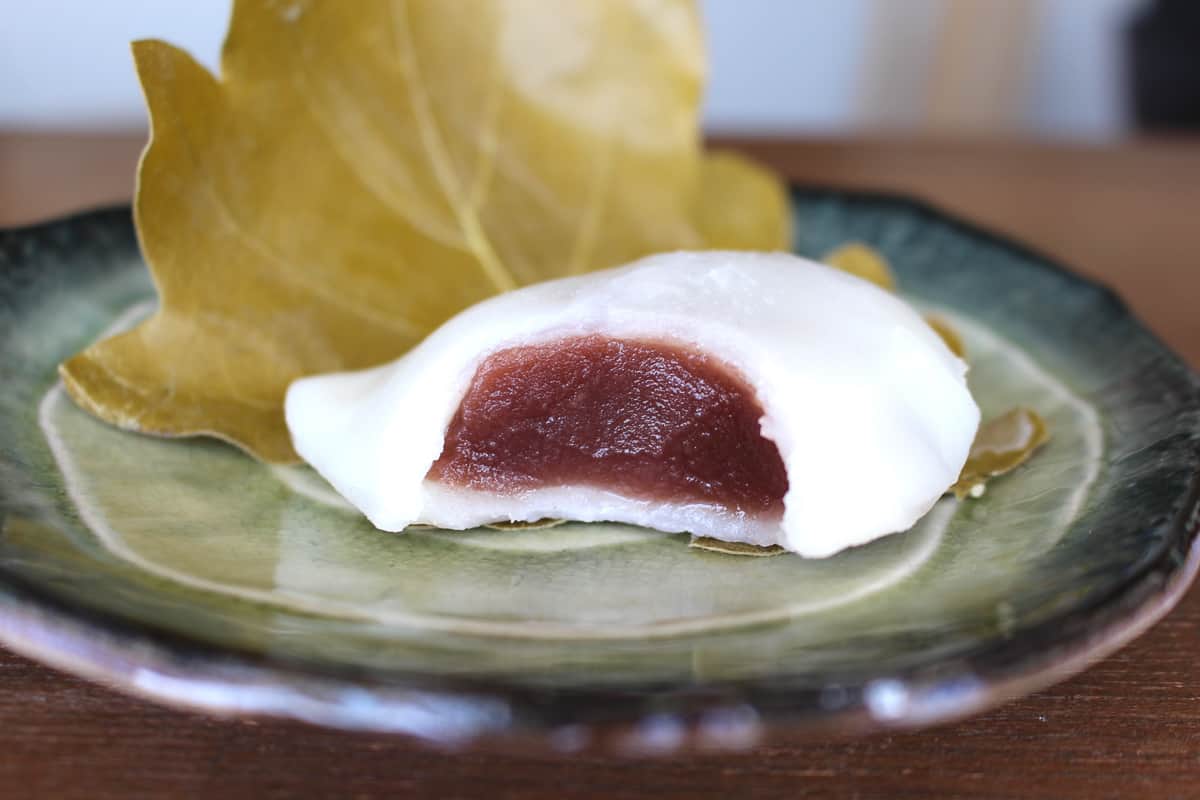 Kashiwa mochi with sweet red bean filling with a bite taken out and the leaf unwrapped from it.