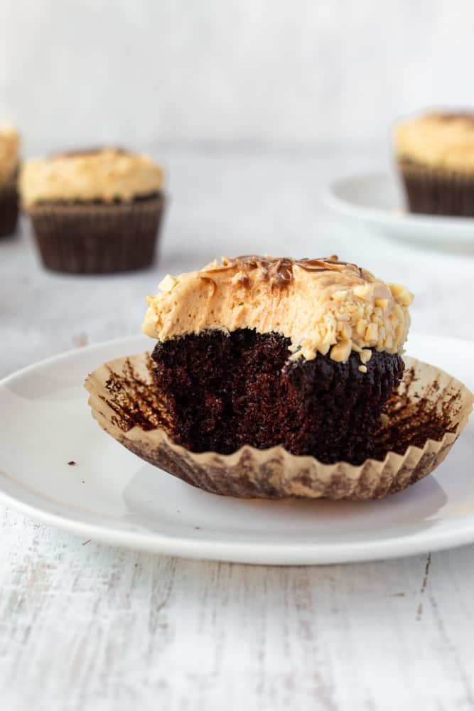 Rich, dark, and moist chocolate cupcakes topped with fluffy, creamy, and smooth peanut butter frosting. Simple yet irresistibly delicious! #chocolatecupcakes #peanutbutterfrosting #saltedpeanuts #fathersday #fathersdaydessert