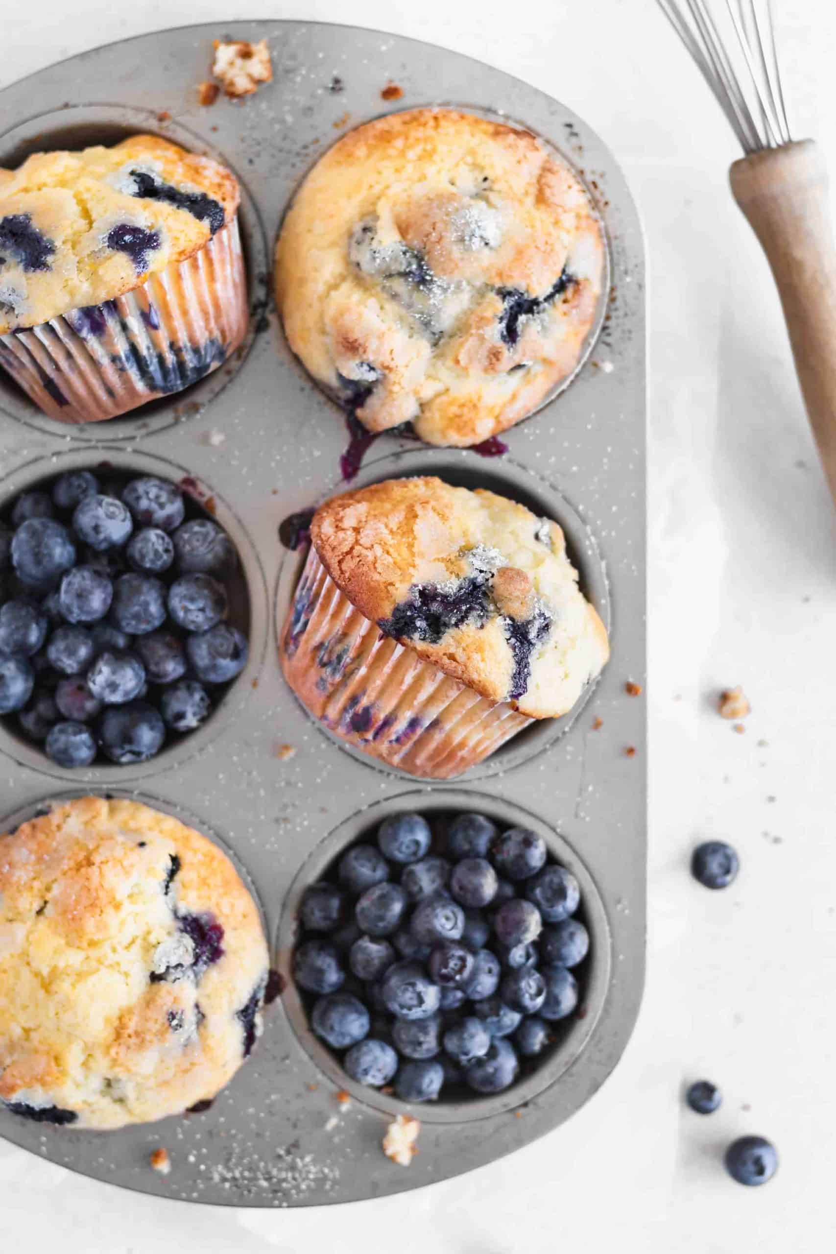 Blueberry muffins in a muffin pan