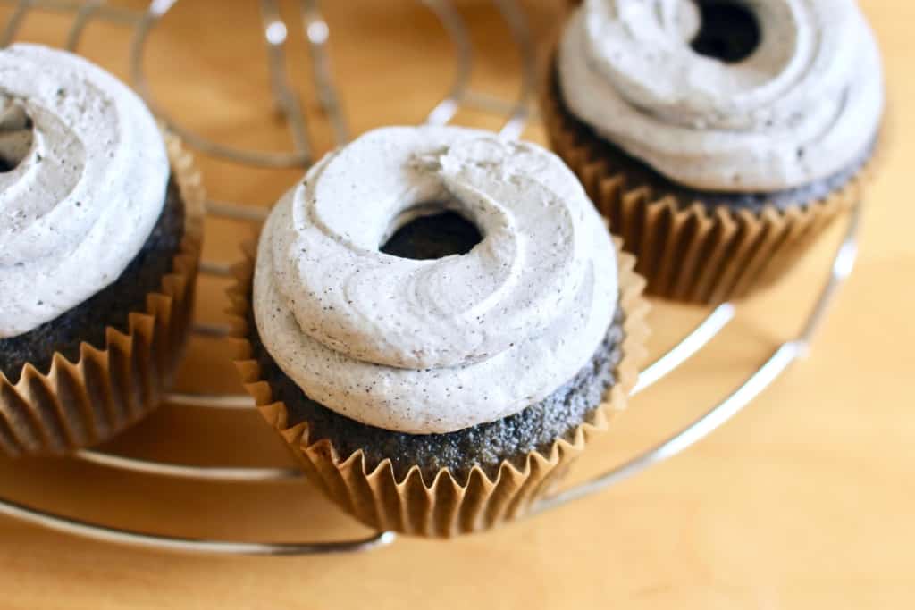 Black sesame cupcakes topped with black sesame frosting