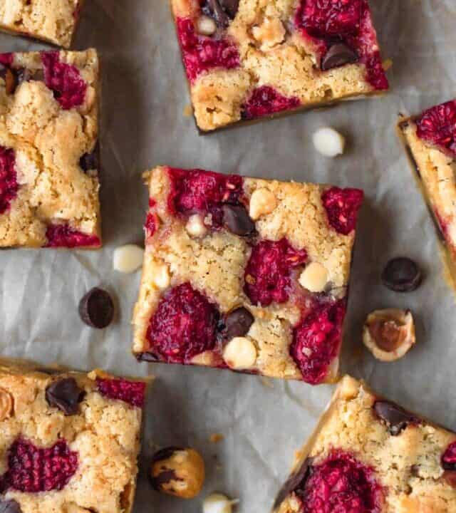 Raspberry hazelnut chocolate chip blondies