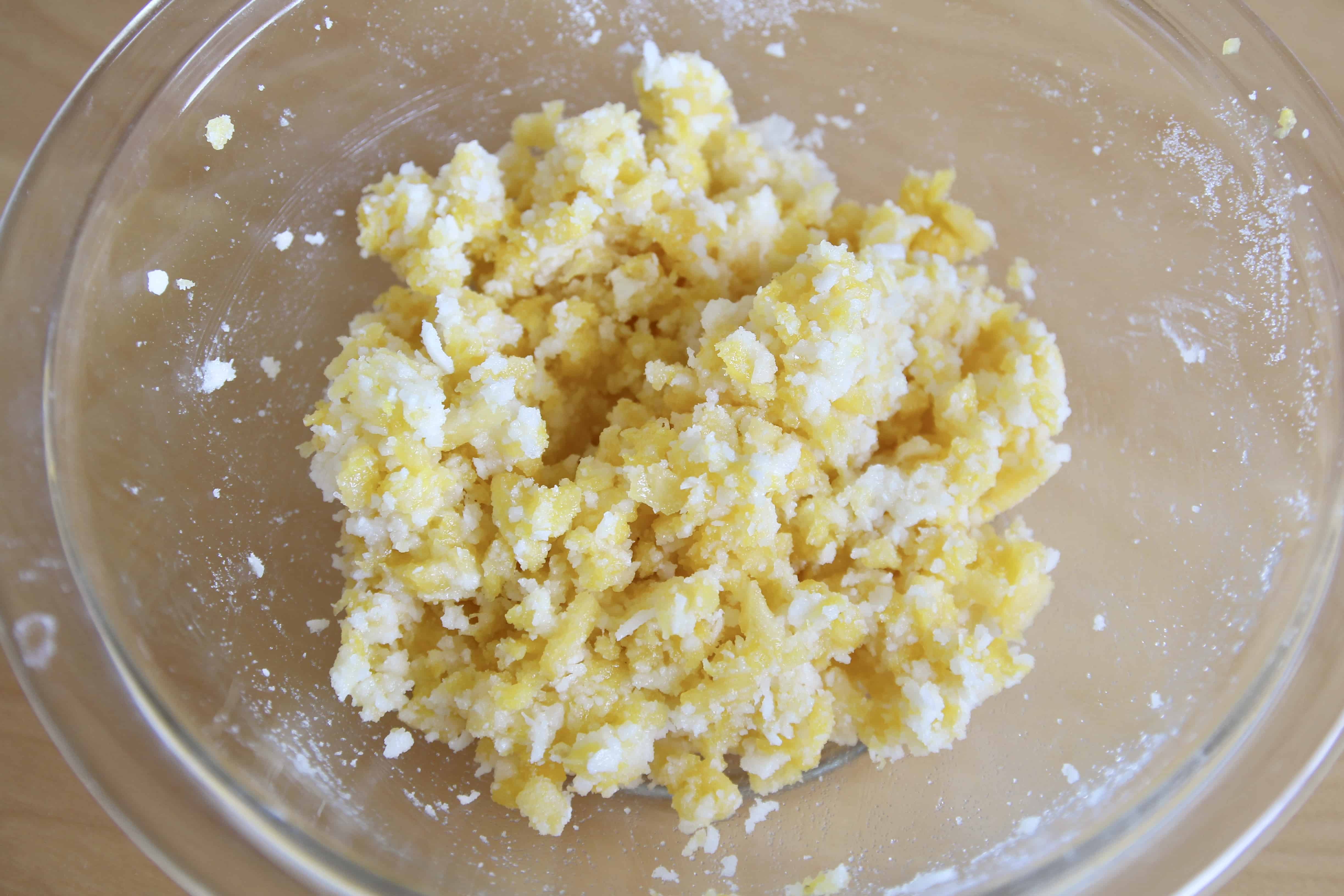 Pineapple and coconut filling in a glass bowl
