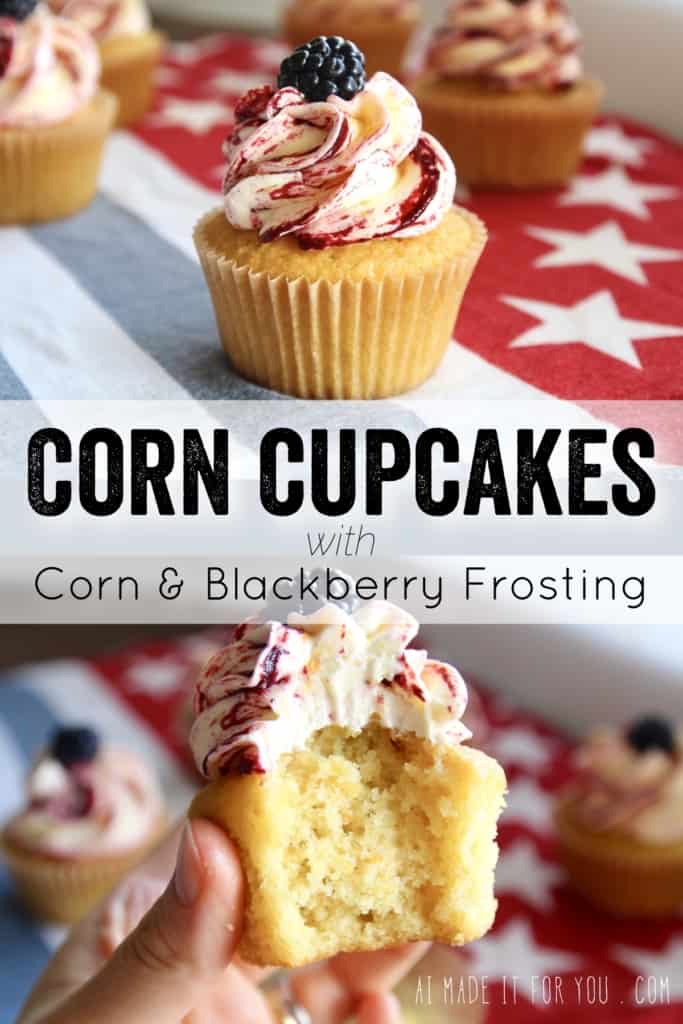 These corn cupcakes are jam packed with corn! There’s corn in the fluffy cupcakes, and corn in the silky buttercream frosting, kissed with tart and fruity blackberries! It’s the perfect cupcake to serve at your Fourth of July BBQ! #corn #corncupcakes #cornmuffins #cornfrosting #frosting #buttercream #blackberry #blackberries #fourthofjuly #fluffy #moist #4thofjuly #independenceday #bbq #barbecue #july #summer