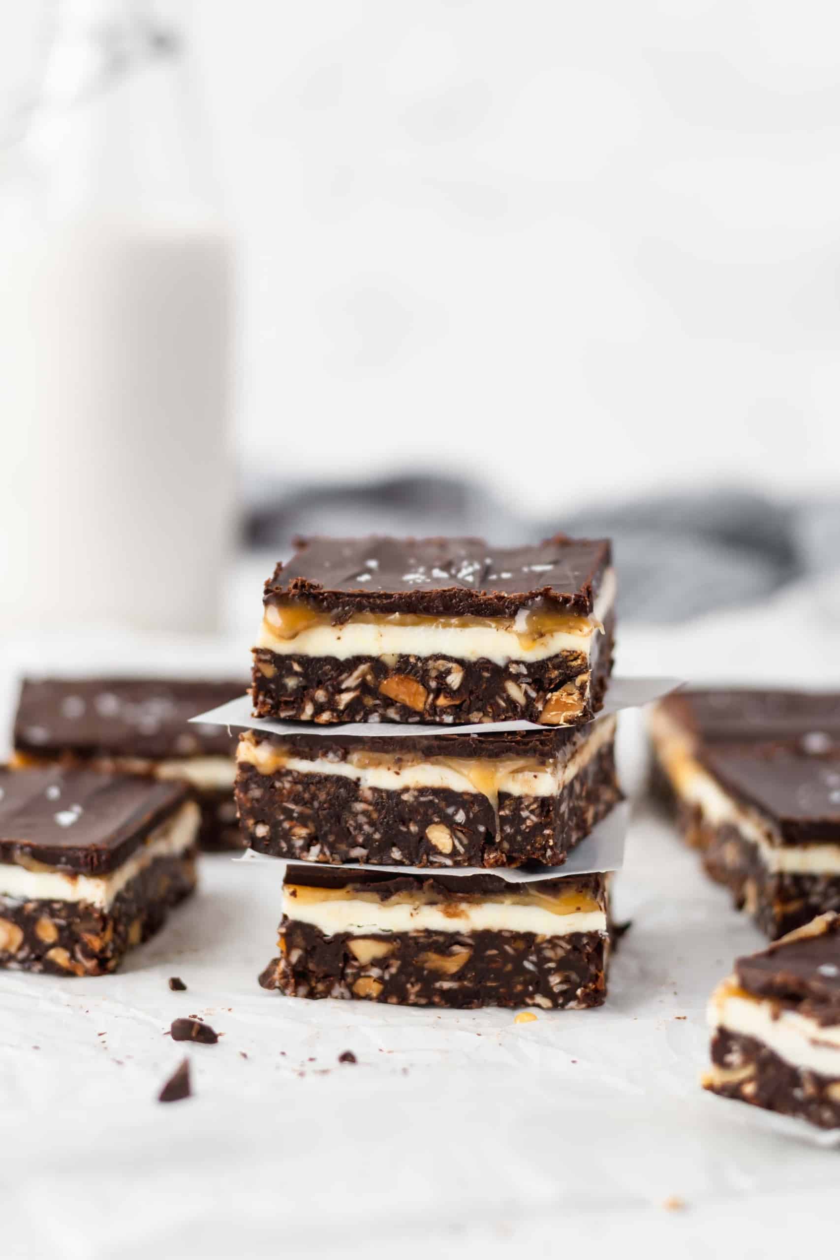 A stack of salted caramel Nanaimo bars