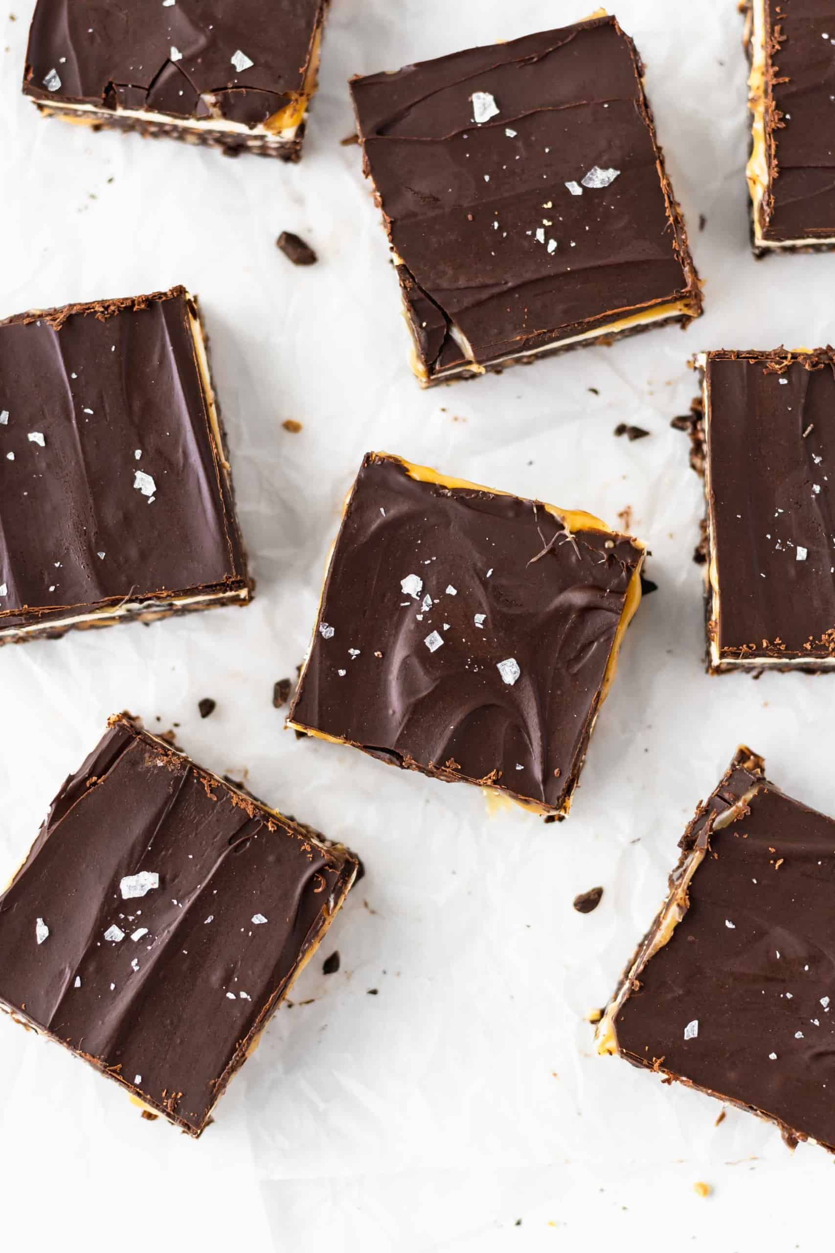 Caramel Nanaimo bars with flaky sea salt