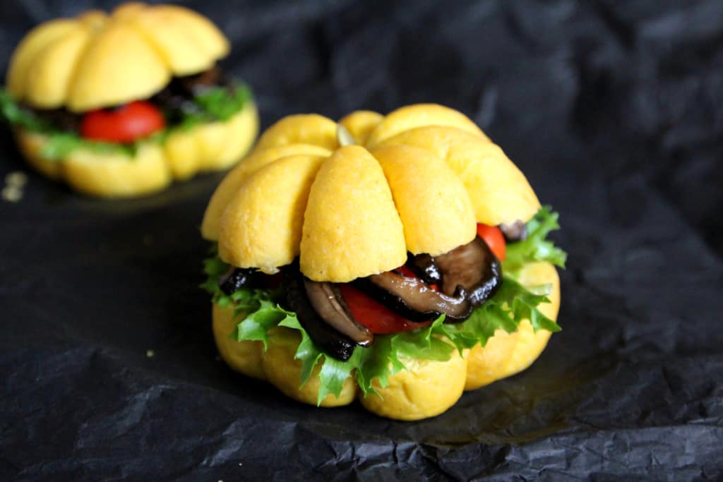 These fluffy pumpkin buns are the perfect base for shiitake BLT sandwiches! If you love shiitake mushrooms, these are a must make! #vegetarian #sandwiches #shiitake #mushrooms #blt #pumpkin #bread #buns #halloween #fall #thanksgiving