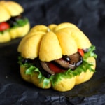 These fluffy pumpkin buns are the perfect base for shiitake BLT sandwiches! If you love shiitake mushrooms, these are a must make! #vegetarian #sandwiches #shiitake #mushrooms #blt #pumpkin #bread #buns #halloween #fall #thanksgiving