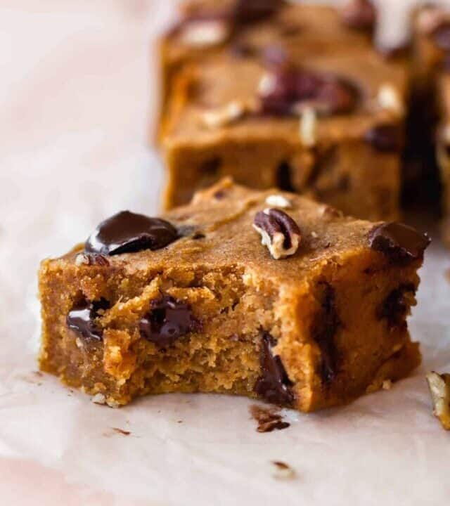 Pumpkin blondies with a bite taken out