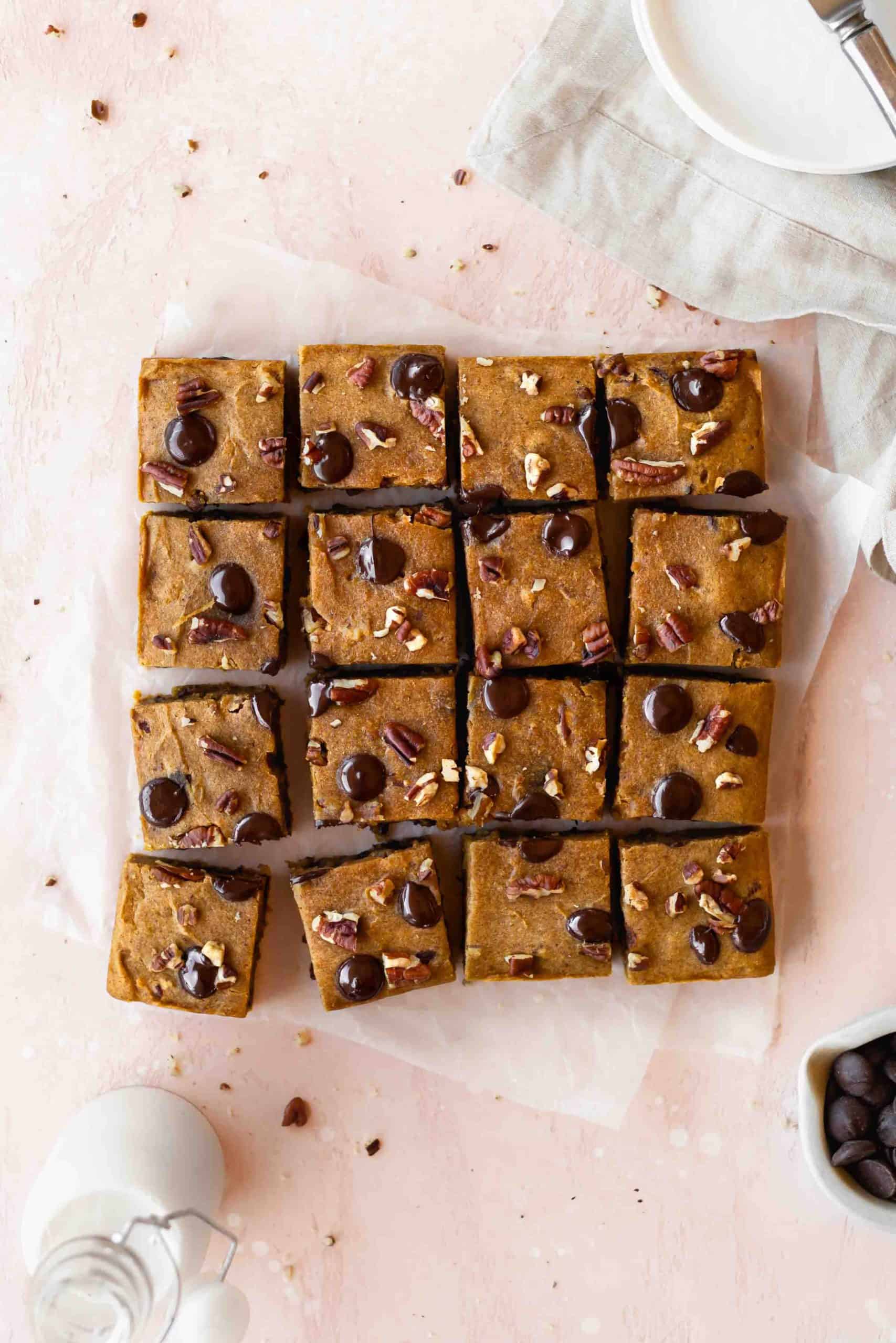 Pumpkin blondies cut into squares