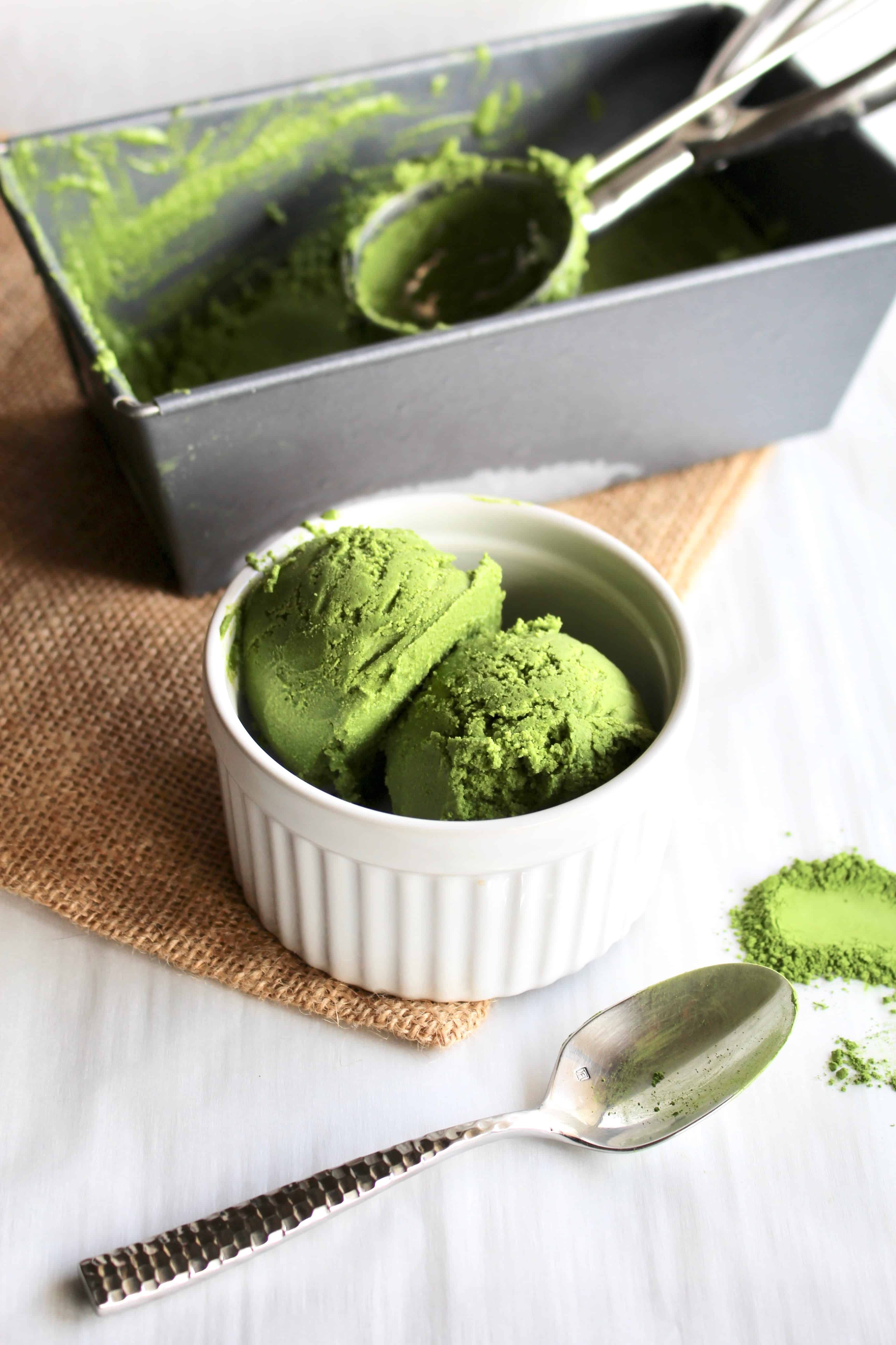 Vegan matcha ice cream in a ramekin