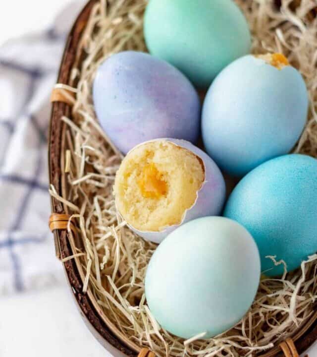 Vanilla cupcakes baked in eggshells with carrot curd