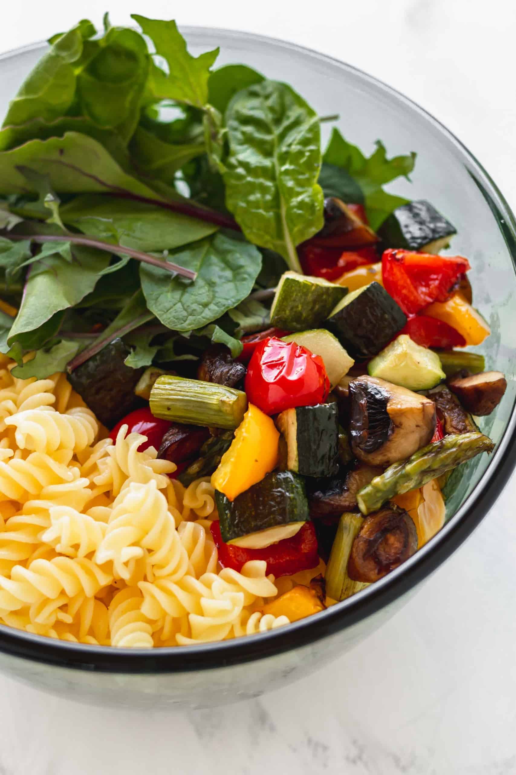 Ingredients for pasta salad in a bowl