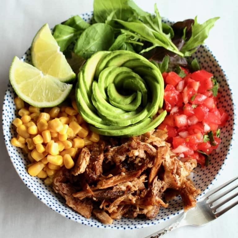 a plate of carnitas and veggies.