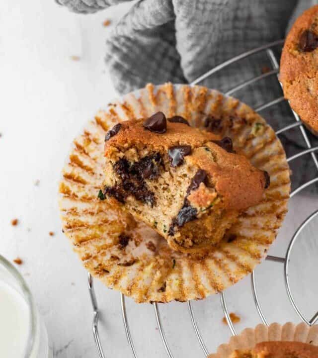 A bitten chocolate chip muffin