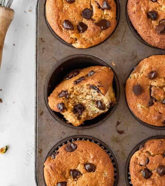 Gluten free zucchini muffins with chocolate chips in a muffin pan