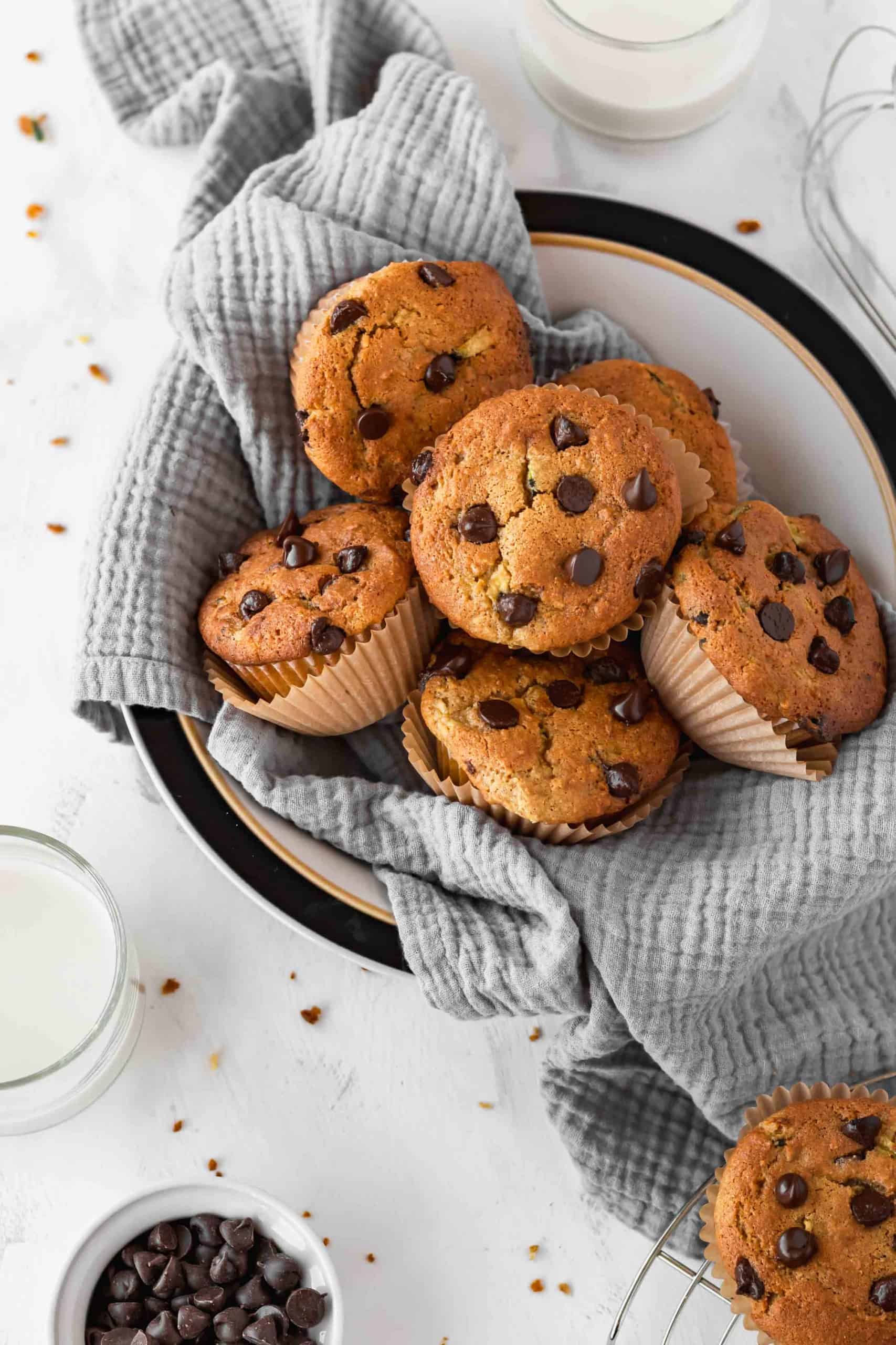 A bowl of chocolate chip zucchini muffins