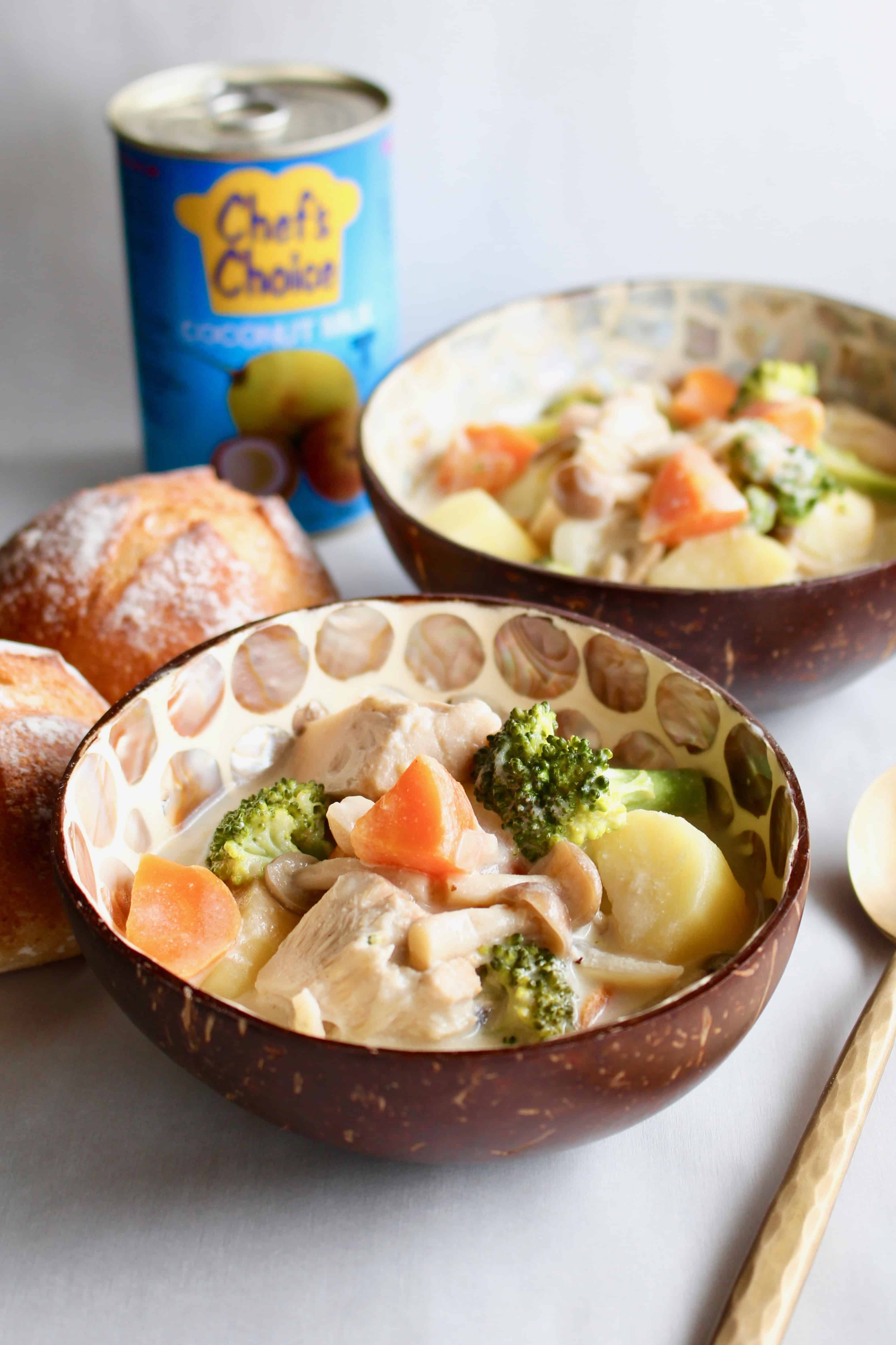 Vegan Japanese cream stew is the perfect dish to nourish your soul with comfort food this fall and winter! You’ll also be nourishing your body because it’s full of vegetables! I’ve swapped out the chicken for Nature’s Charm young green jackfruit, and the milk with Chef’s Choice coconut milk! #vegan #ChefsChoice #coconutmilk #NaturesCharm #jackfruit #jackfruitrecipe #veganrecipe #glutenfree #Japanese #creamstew #potatoes #carrots #onion #broccoli #fall #recipe #dinner #comfortfood #winter #creamy #dairyfree #meatfree #stew #creamsoup #vegetablestew