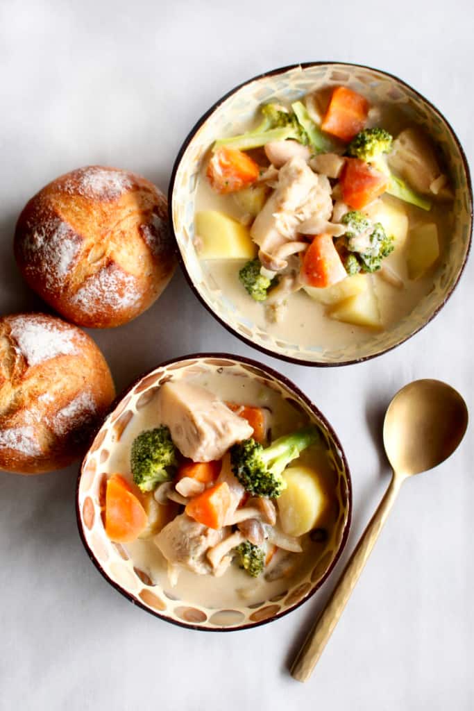 Vegan Japanese cream stew is the perfect dish to nourish your soul with comfort food this fall and winter! You’ll also be nourishing your body because it’s full of vegetables! I’ve swapped out the chicken for Nature’s Charm young green jackfruit, and the milk with Chef’s Choice coconut milk! #vegan #ChefsChoice #coconutmilk #NaturesCharm #jackfruit #jackfruitrecipe #veganrecipe #glutenfree #Japanese #creamstew #potatoes #carrots #onion #broccoli #fall #recipe #dinner #comfortfood #winter #creamy #dairyfree #meatfree #stew #creamsoup #vegetablestew