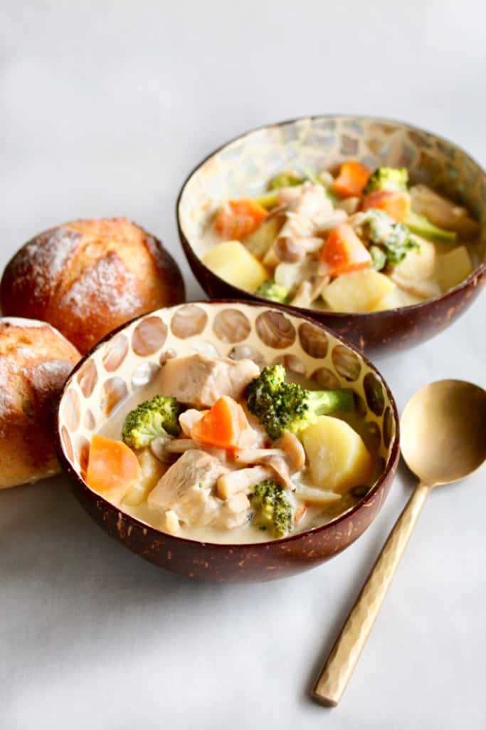 Vegan Japanese cream stew is the perfect dish to nourish your soul with comfort food this fall and winter! You’ll also be nourishing your body because it’s full of vegetables! I’ve swapped out the chicken for Nature’s Charm young green jackfruit, and the milk with Chef’s Choice coconut milk! #vegan #ChefsChoice #coconutmilk #NaturesCharm #jackfruit #jackfruitrecipe #veganrecipe #glutenfree #Japanese #creamstew #potatoes #carrots #onion #broccoli #fall #recipe #dinner #comfortfood #winter #creamy #dairyfree #meatfree #stew #creamsoup #vegetablestew