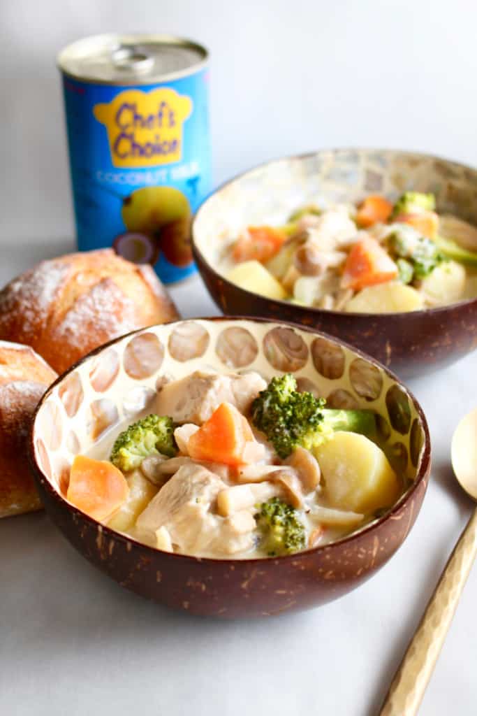 Vegan Japanese cream stew is the perfect dish to nourish your soul with comfort food this fall and winter! You’ll also be nourishing your body because it’s full of vegetables! I’ve swapped out the chicken for Nature’s Charm young green jackfruit, and the milk with Chef’s Choice coconut milk! #vegan #ChefsChoice #coconutmilk #NaturesCharm #jackfruit #jackfruitrecipe #veganrecipe #glutenfree #Japanese #creamstew #potatoes #carrots #onion #broccoli #fall #recipe #dinner #comfortfood #winter #creamy #dairyfree #meatfree #stew #creamsoup #vegetablestew