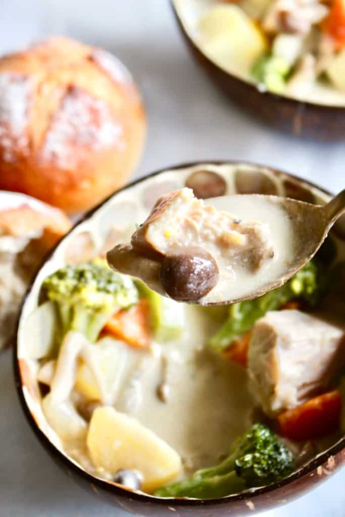 Vegan Japanese cream stew is the perfect dish to nourish your soul with comfort food this fall and winter! You’ll also be nourishing your body because it’s full of vegetables! I’ve swapped out the chicken for Nature’s Charm young green jackfruit, and the milk with Chef’s Choice coconut milk! #vegan #ChefsChoice #coconutmilk #NaturesCharm #jackfruit #jackfruitrecipe #veganrecipe #glutenfree #Japanese #creamstew #potatoes #carrots #onion #broccoli #fall #recipe #dinner #comfortfood #winter #creamy #dairyfree #meatfree #stew #creamsoup #vegetablestew