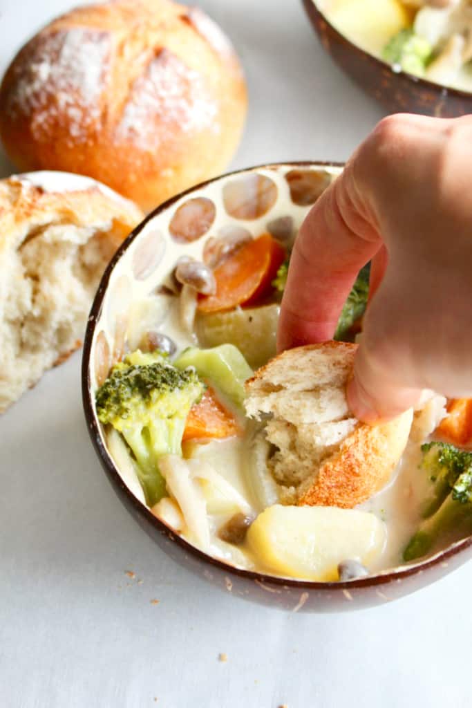 Vegan Japanese cream stew is the perfect dish to nourish your soul with comfort food this fall and winter! You’ll also be nourishing your body because it’s full of vegetables! I’ve swapped out the chicken for Nature’s Charm young green jackfruit, and the milk with Chef’s Choice coconut milk! #vegan #ChefsChoice #coconutmilk #NaturesCharm #jackfruit #jackfruitrecipe #veganrecipe #glutenfree #Japanese #creamstew #potatoes #carrots #onion #broccoli #fall #recipe #dinner #comfortfood #winter #creamy #dairyfree #meatfree #stew #creamsoup #vegetablestew