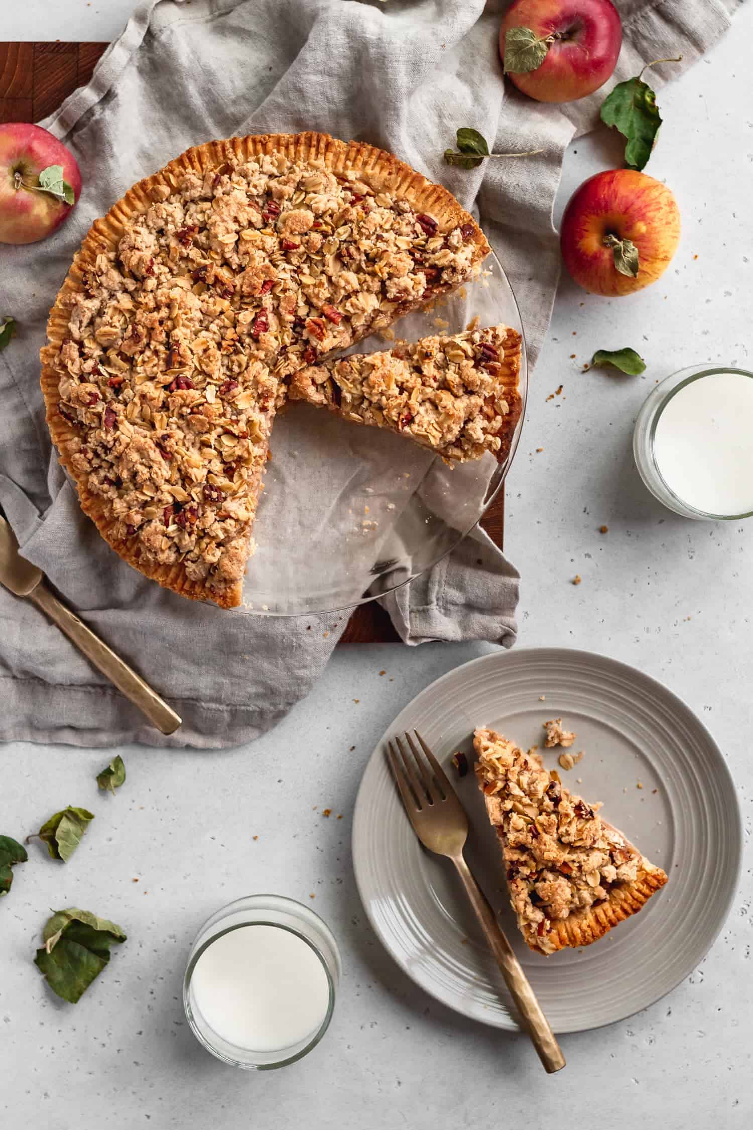 Gluten free Dutch apple pie with a slice on a plate