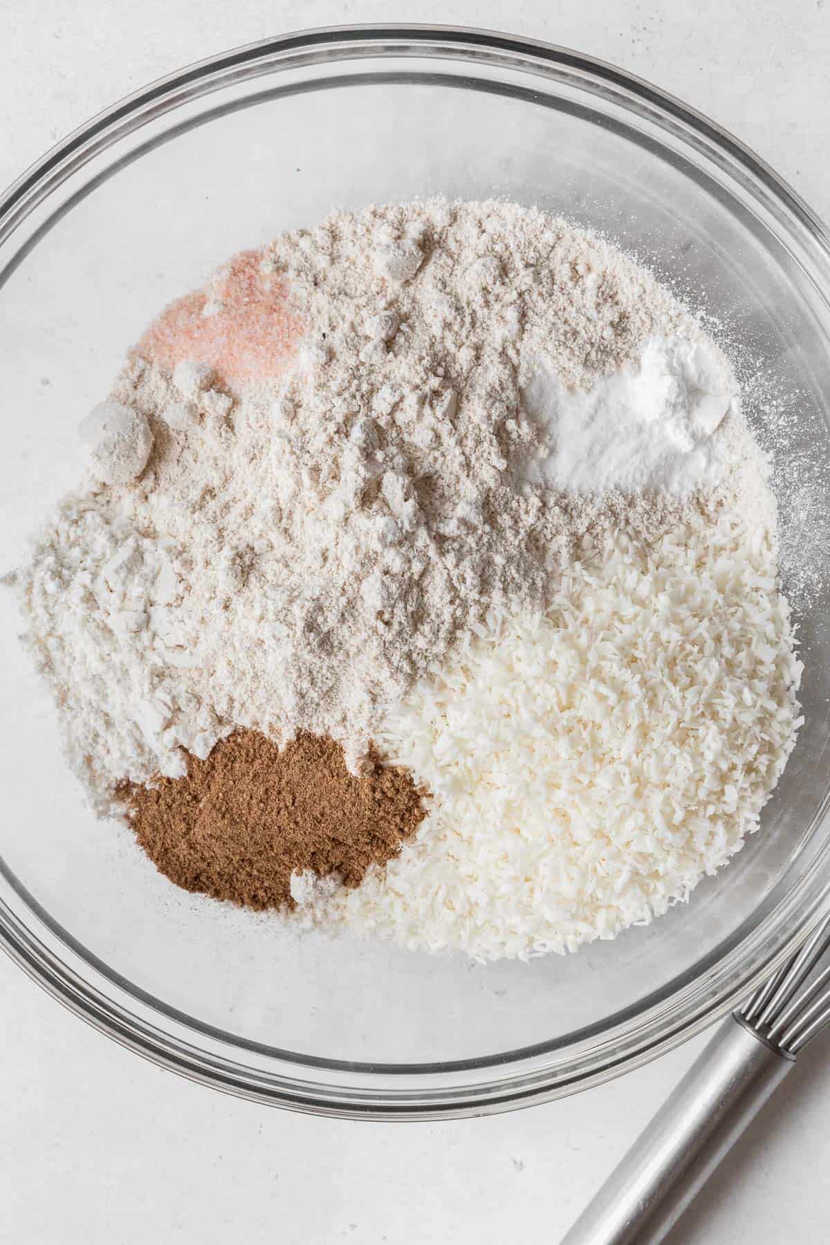 Process shot - all dry ingredients added to a mixing bowl.