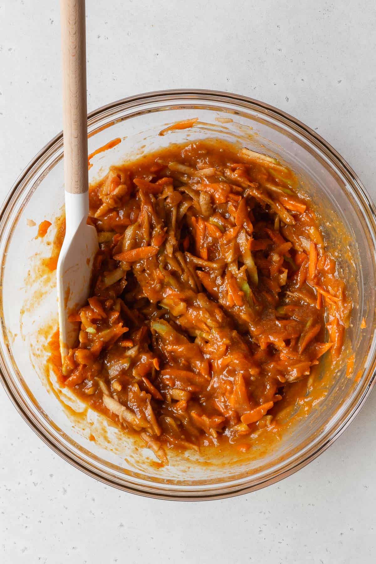 Process shot - morning glory muffin batter after stirring in the carrots and apples.