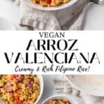 Tall vertical pin of vegan Arroz Valenciana in white bowls.