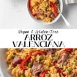 Pin of vegan Arroz a la Valenciana on a white surface.