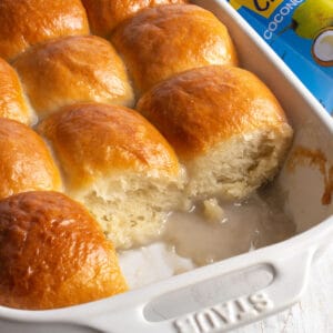 Pani popo in a white baking dish.