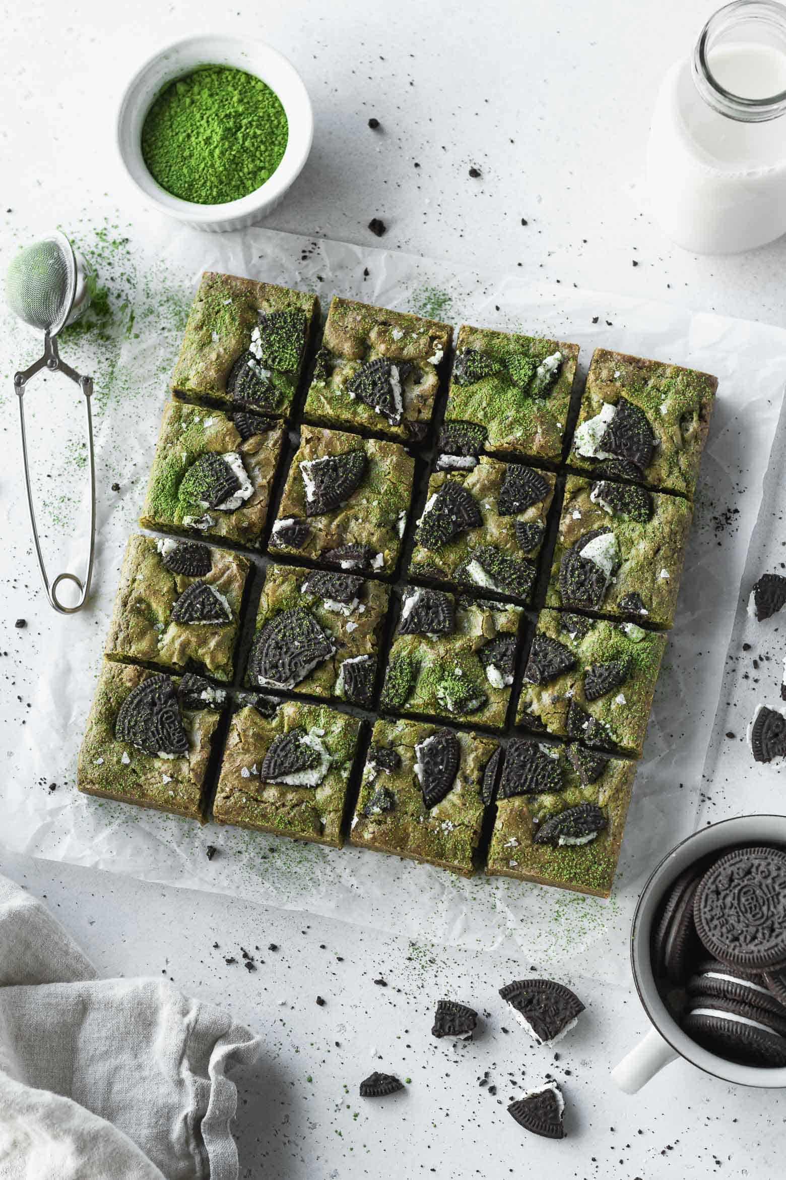 Matcha oreo blondies cut into squares