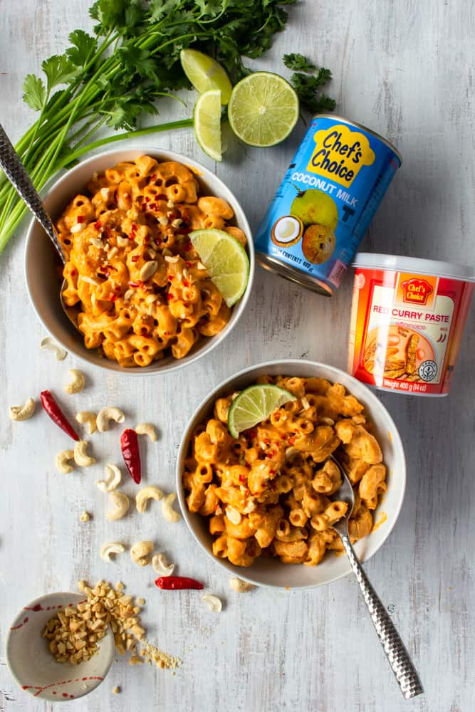 This vegan red curry mac and cheese is comfort food with a kick! The addition of Thai red curry paste and lime juice gives this creamy vegan mac and cheese a spicy tang! #thaicurry #redcurry #vegan #macandcheese #macncheese #vegancheese