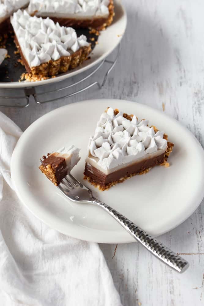 A slice of vegan haupia pie on a plate with a fork holding a bite.