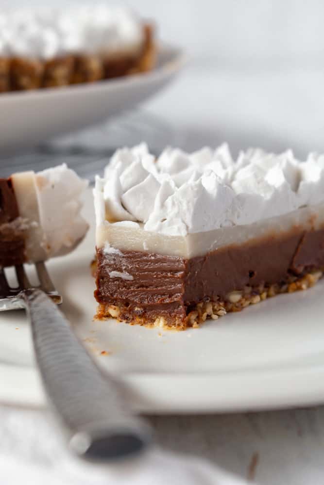 A close up of the two layers of chocolate haupie pie.