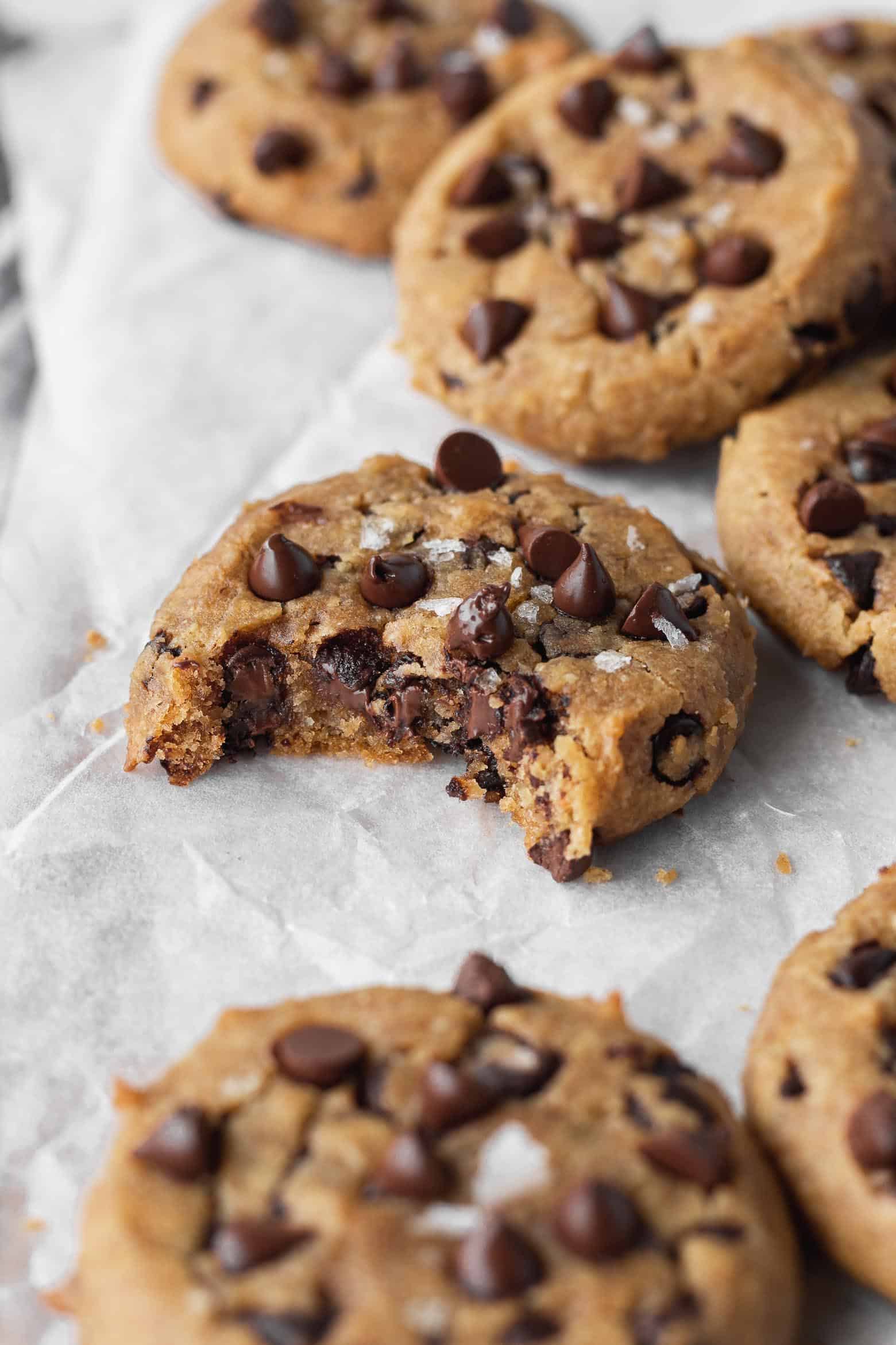 A bitten chocolate chip chickpea cookie