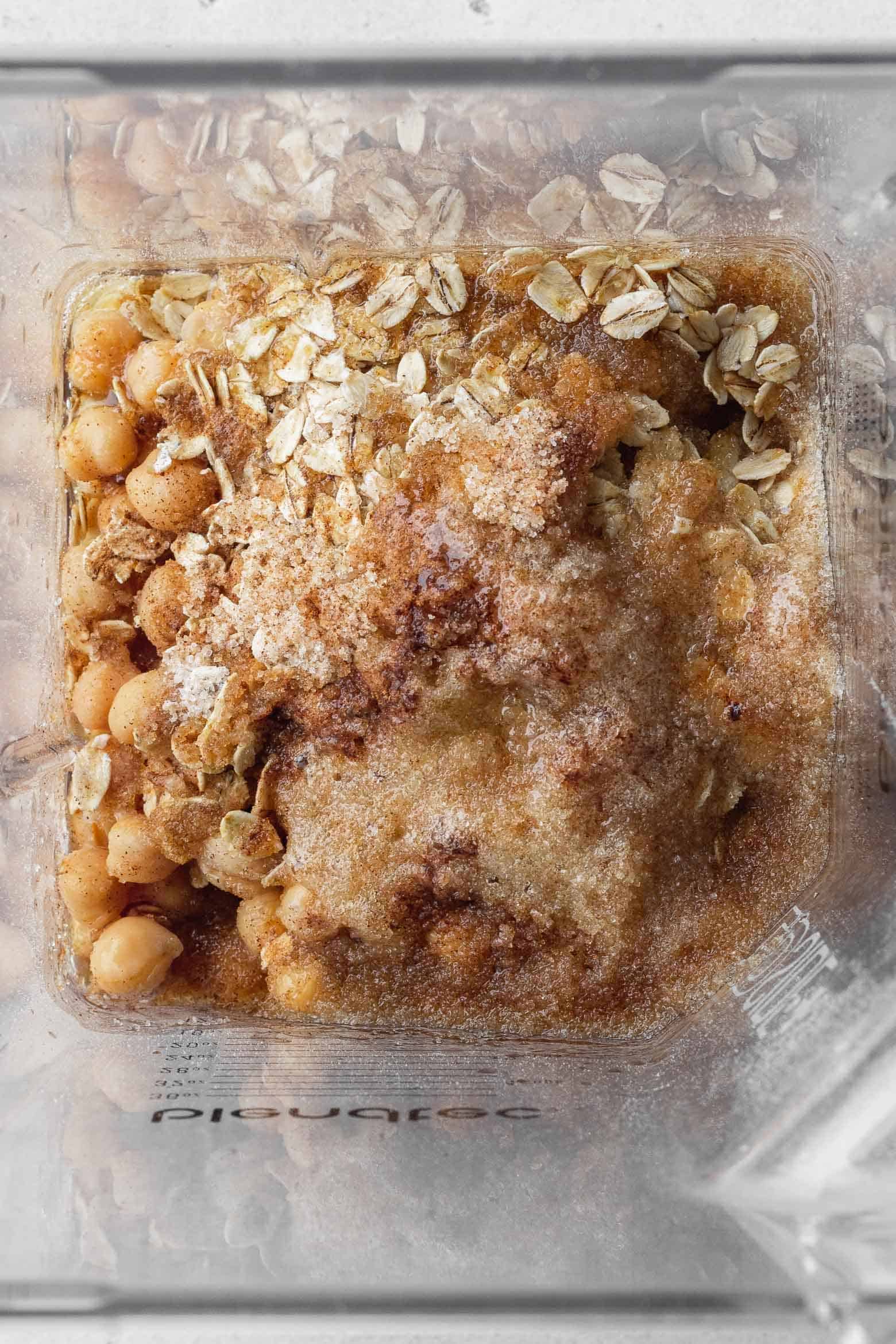 Chickpea cookie ingredients in a blender