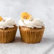 Vegan banana cupcakes topped with vegan buttercream