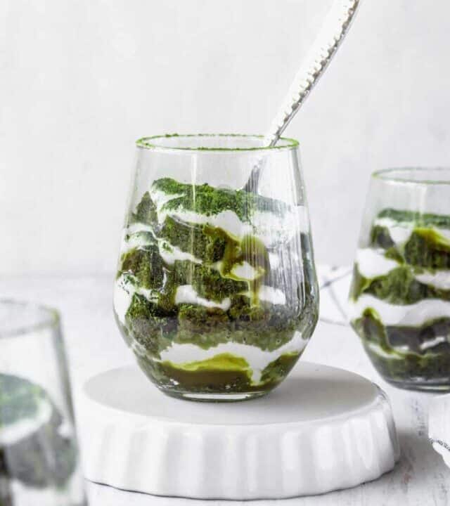 Vegan matcha tiramisu is a Japanese twist on a classic Italian dessert! This recipe has layers of matcha cake, matcha sauce, and coconut whipped cream! #matchadessert #vegantiramisu #matchatiramisu #vegandessert #coconutwhippedcream