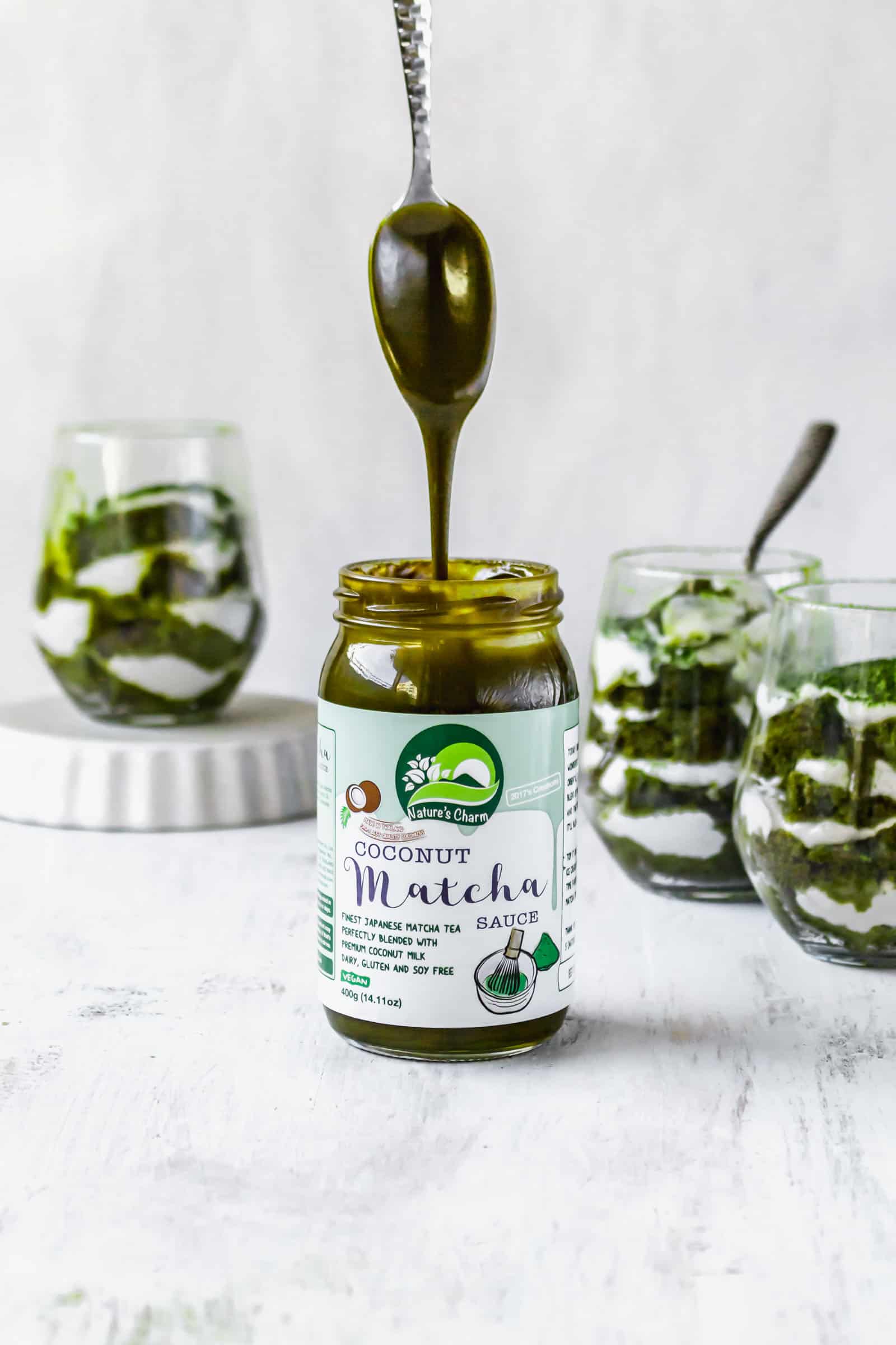 Nature's Charm coconut whipping cream and coconut matcha sauce makes this vegan dessert super easy to make!