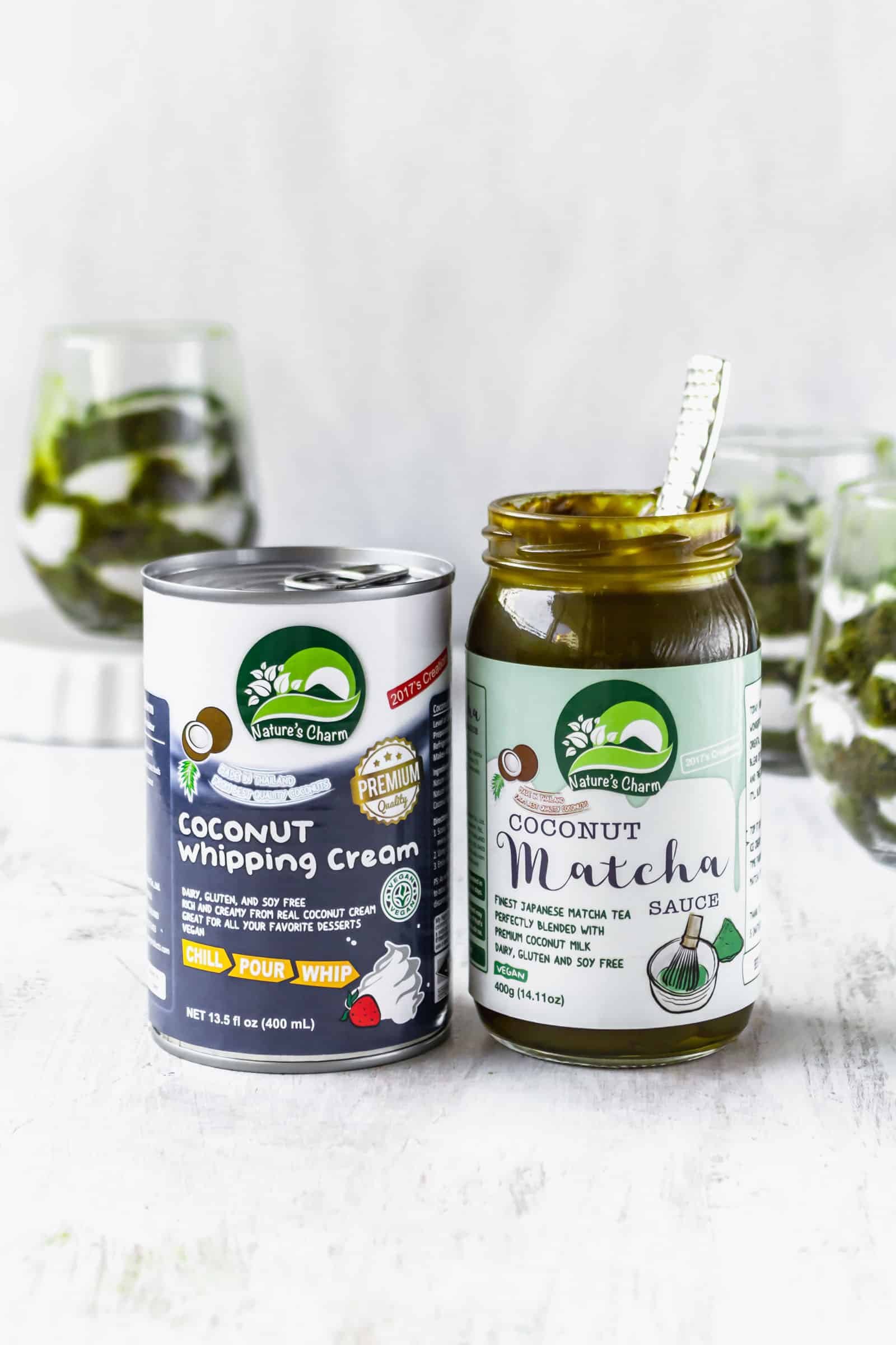 Nature's Charm coconut whipping cream and coconut matcha sauce makes this vegan dessert super easy to make!