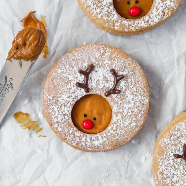 A reindeer cookie on a white surface next to a spatula with some cookie butter.