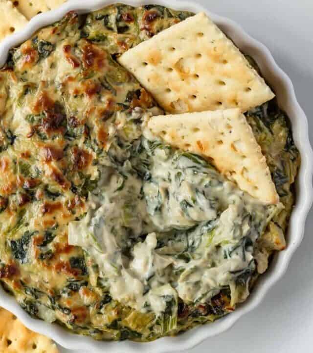 Close up shot of vegan spinach and artichoke dip