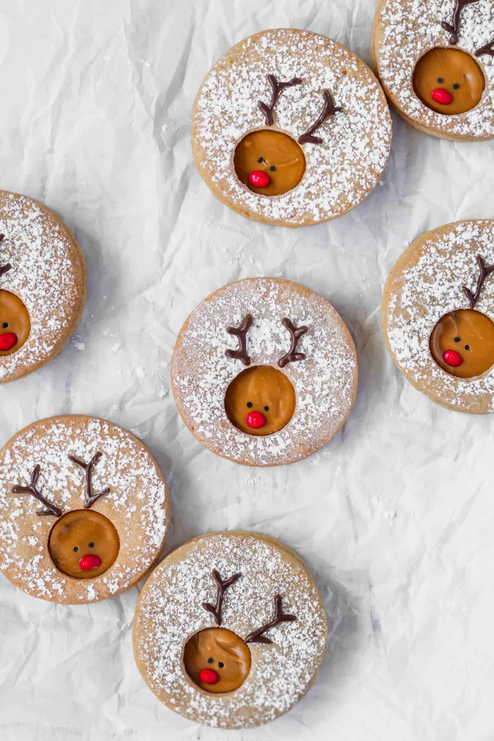 Reindeer cookies dusted with powdered sugar on a white surface.