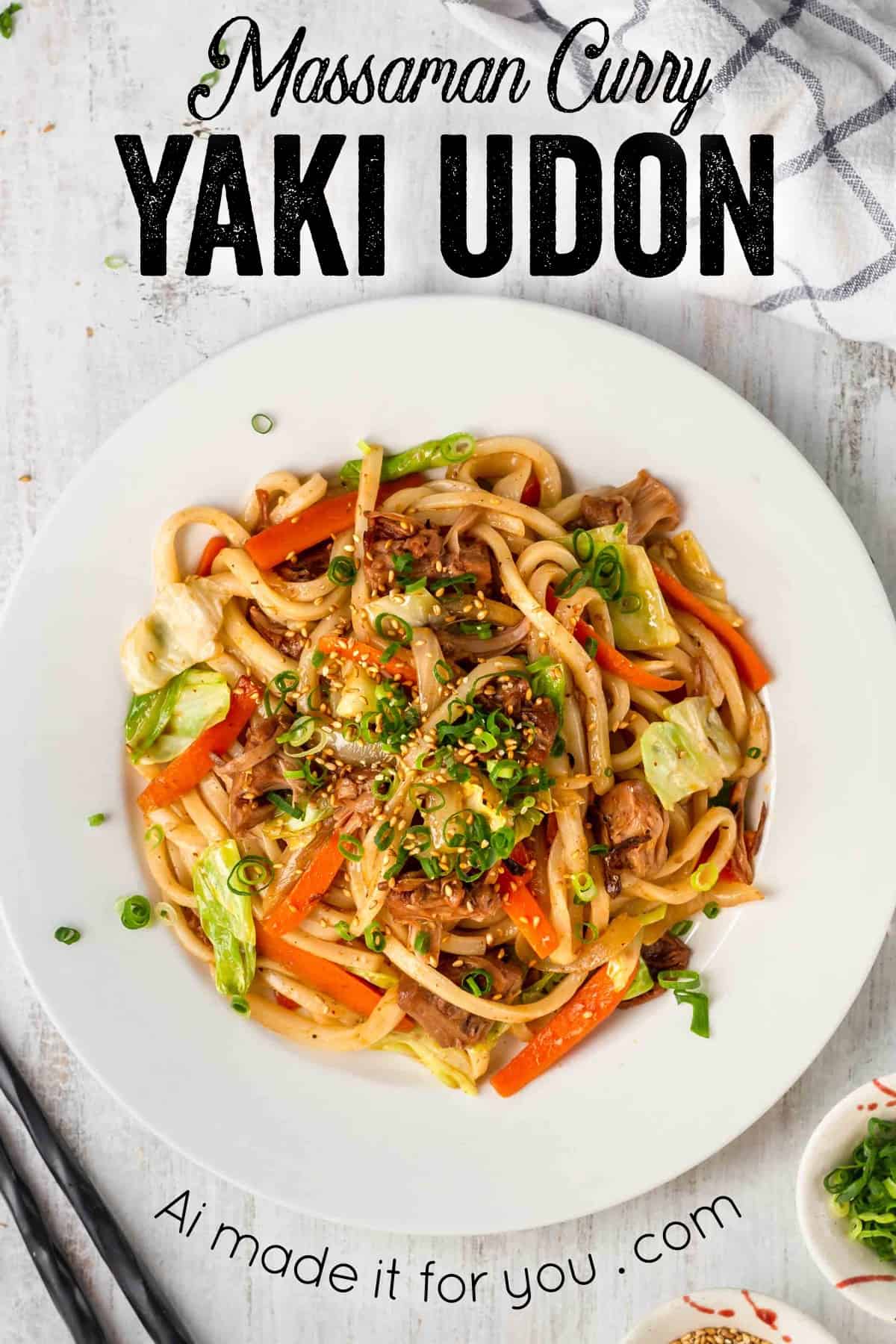 Vegan massaman yaki udon is the spicy Thai twist to the Japanese classic fried noodle dish! Your new go-to homemade fast food! #yakiudon #udonnoodles #vegannoodles #veganfastfood #plantbased